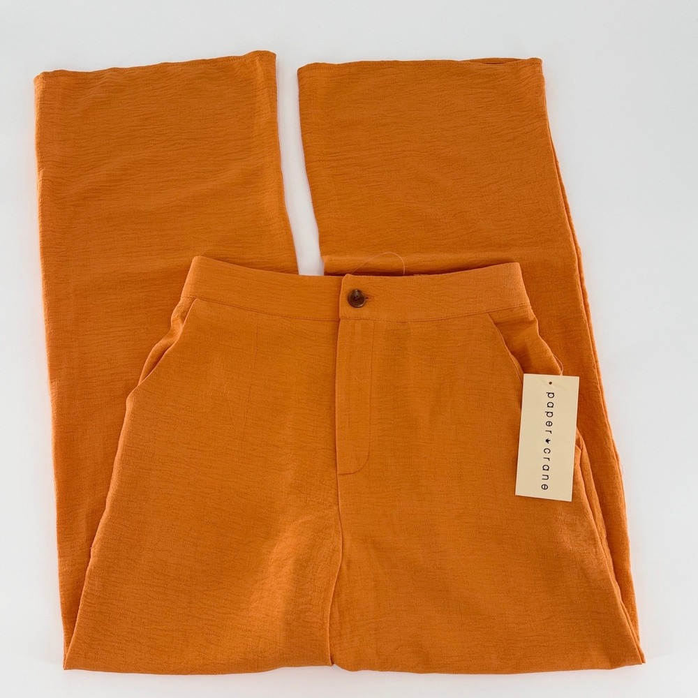 PAPER CRANE High Waisted Wide Leg Trousers Burnt Orange Textured Pants Small